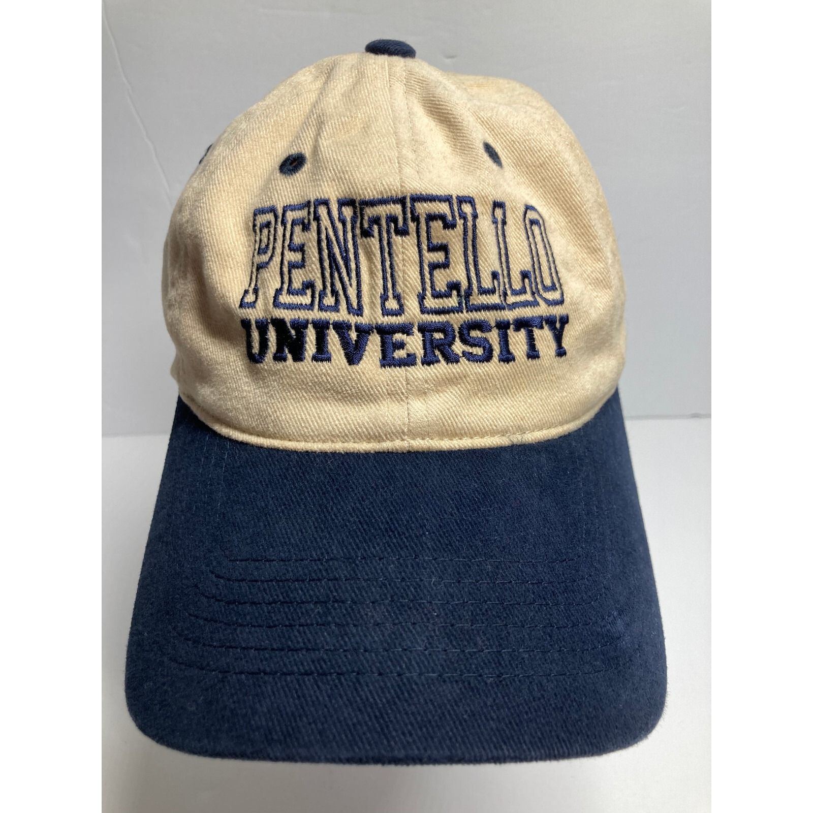 Pentello University Cap Hat Beige Blue 100 Cotton Adjustable Strapback Twill
